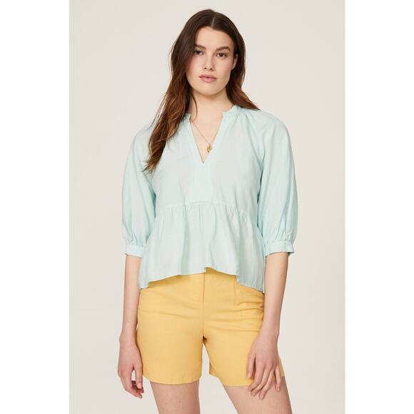 Amanda Uprichard Diego Light Blue Linen Puff Sleeve Split Neck Top Size XS - Picture 1 of 13